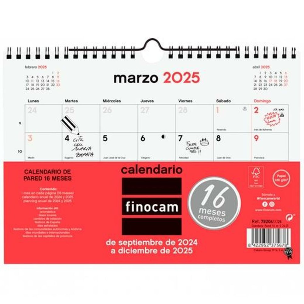 Calendario da parete Finocam Carta 2024-2025 21 x 15 cm 16 Mesi    