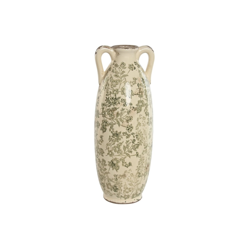 Vaso Home ESPRIT Bianco Marrone Verde Gres Foglia della pianta 13 x 13 x 35 cm    