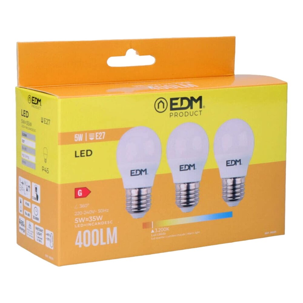 Confezione da 3 lampadine LED EDM G 5 W E27 Ø 4,5 x 8 cm (3200 K)    