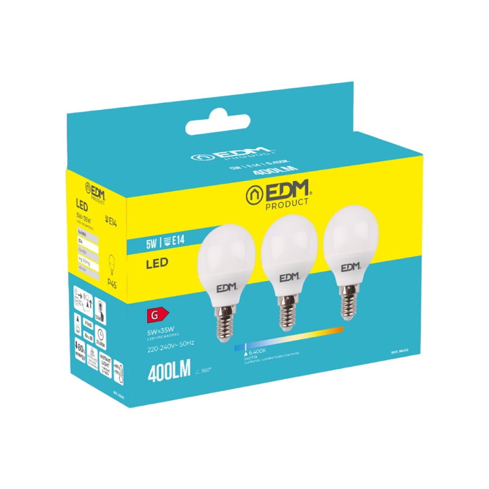 Confezione da 3 lampadine LED EDM G 5 W E14 400 lm Ø 4,5 x 8 cm (6400 K)    