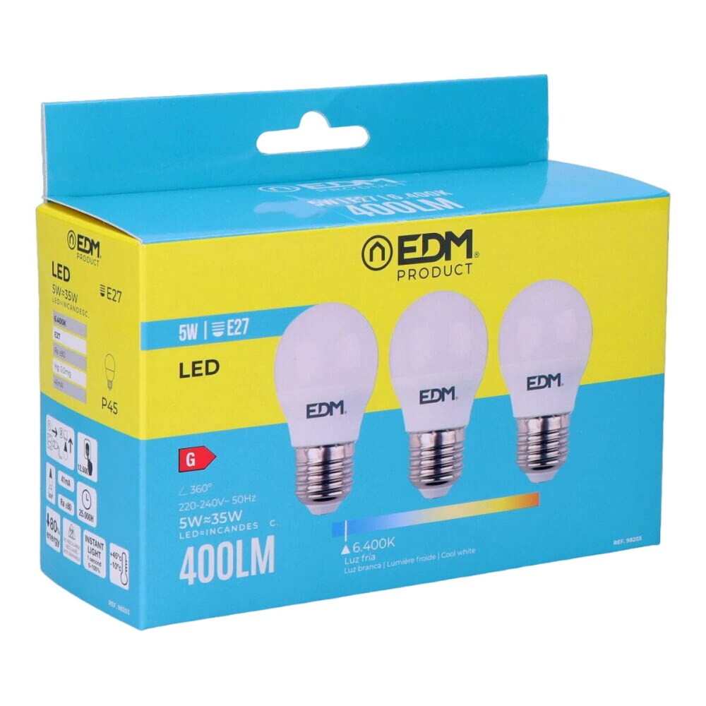 Confezione da 3 lampadine LED EDM G 5 W E27 400 lm Ø 4,5 x 8 cm (6400 K)    