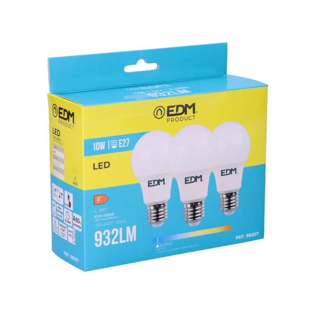 Confezione da 3 lampadine LED EDM F 10 W E27 810 Lm Ø 6 x 10,8 cm (6400 K)    