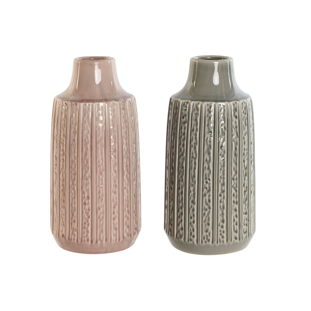 Vaso Home ESPRIT Grigio Rosa Porcellana 15 x 15 x 31 cm (2 Unità)    